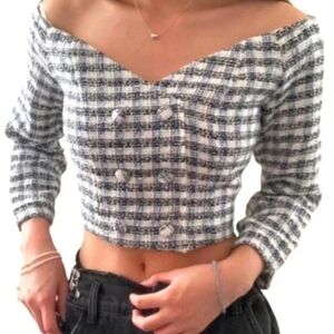Zara Tweed Off Shoulder Long Seeve Cropped Top Size XS